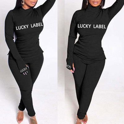 Letter Print Turtleneck Long Sleeve Two Piece Set