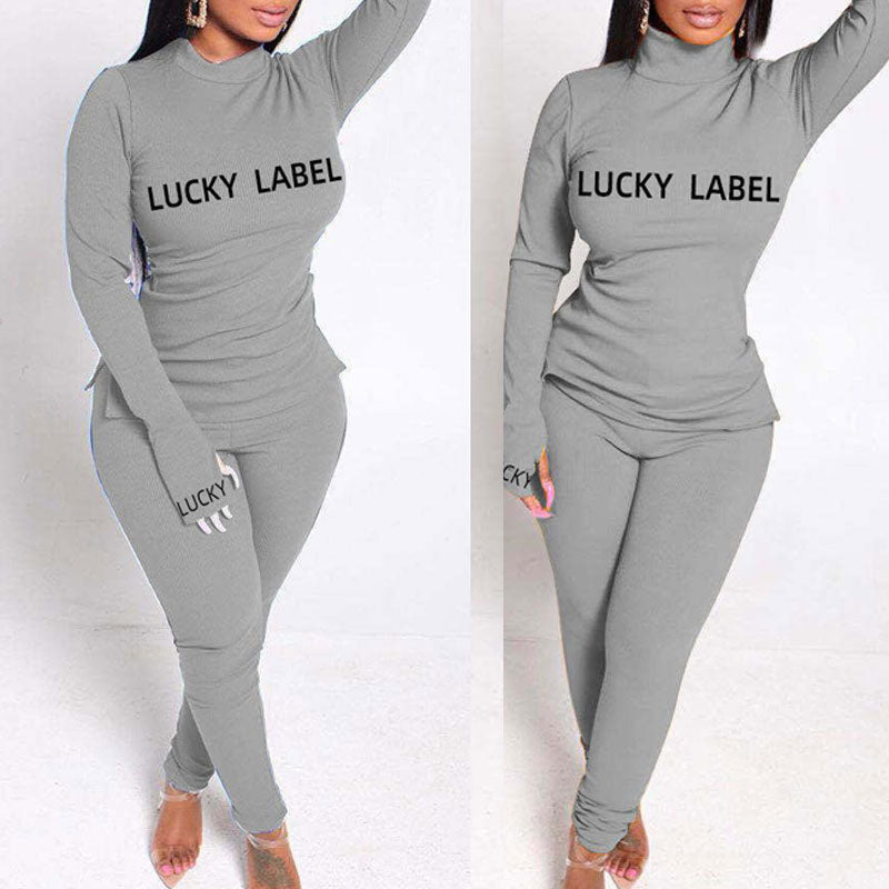 Letter Print Turtleneck Long Sleeve Two Piece Set