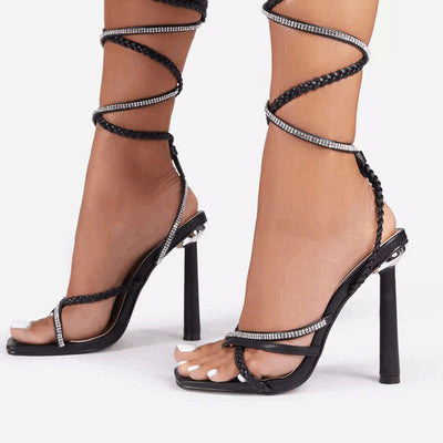 Solid Rhinestone Lace Up Thin Heeled Sandals