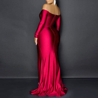 Solid V-Neck Off Shoulder Long Sleeve High Split Maxi Dress