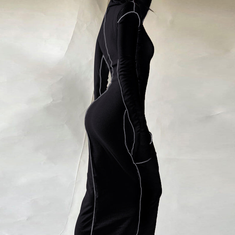 Solid Patchwork Long Sleeve Hooded Bodycon Slim Maxi Dress