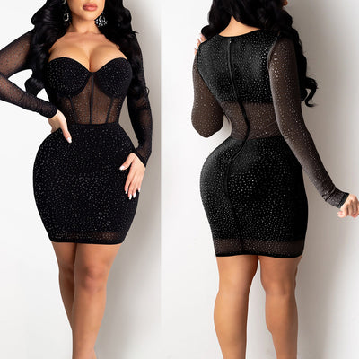 Rhinestone Sheer Mesh Patchwork Bodycon Dress