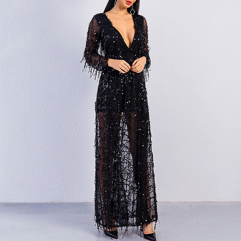 Sequins Deep V-Neck Long Sleeve High Slit Sheer Mesh Maxi Dress