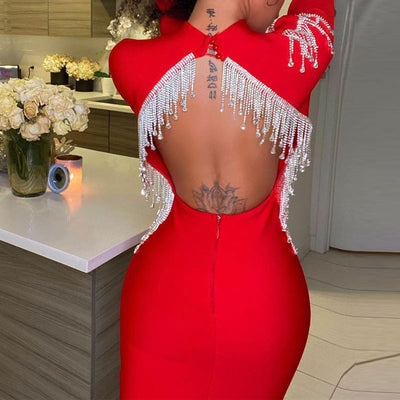 Rhinestone Long Sleeve Backless Tassel Design Bodycon Dress