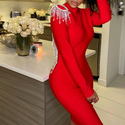 Rhinestone Long Sleeve Backless Tassel Design Bodycon Dress