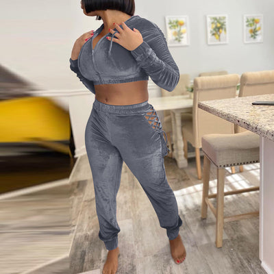 Solid Velvet Long Sleeve Hoodie Top & Pants Set