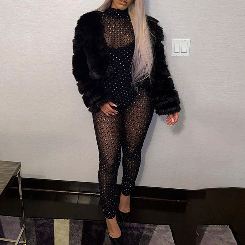 Print Long Sleeve Sheer Mesh See Through Skinny Jumpsuit