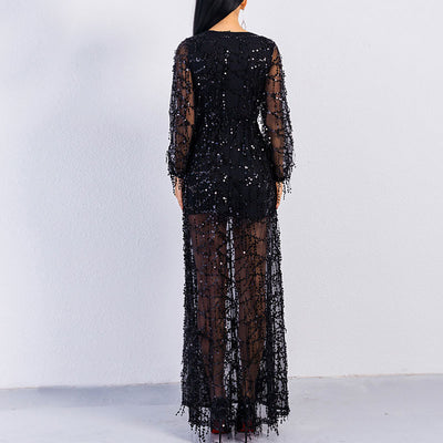 Sequins Deep V-Neck Long Sleeve High Slit Sheer Mesh Maxi Dress