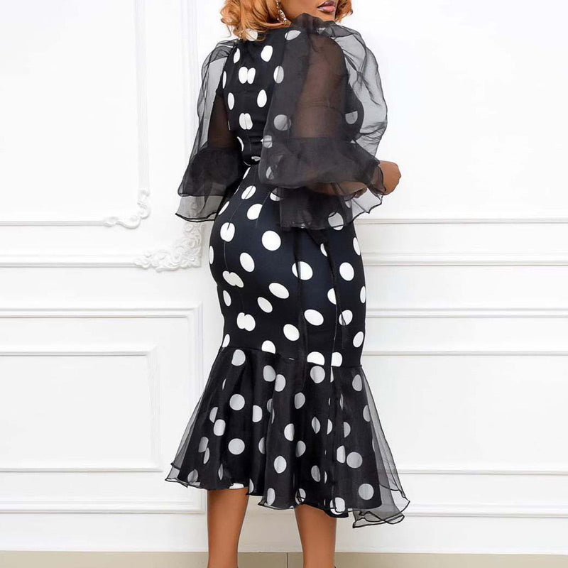 Polka Dot Sheer Mesh Ruffled Hem Long Sleeve Dress