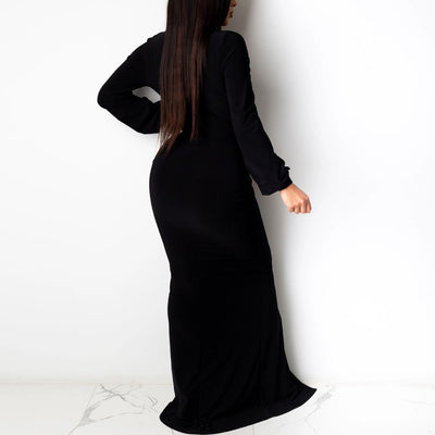 Solid V-Neck Pleats Long Sleeve High Split Dress