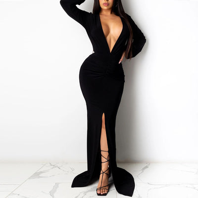 Solid V-Neck Pleats Long Sleeve High Split Dress