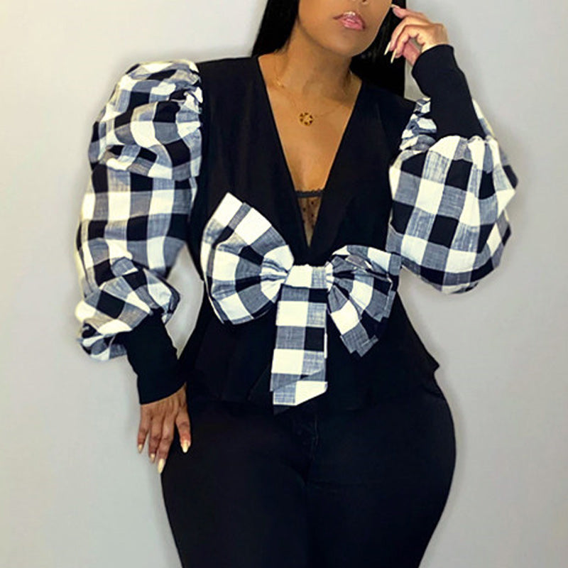 Plaid Print V-Neck Bowknot Long Puff Sleeve Top