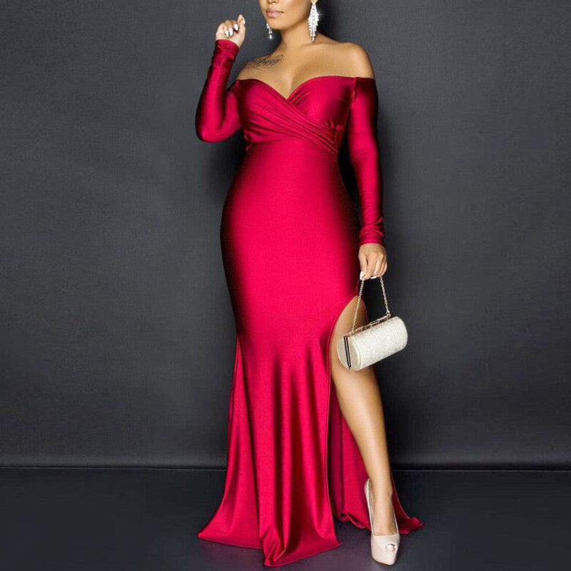 Solid V-Neck Off Shoulder Long Sleeve High Split Maxi Dress