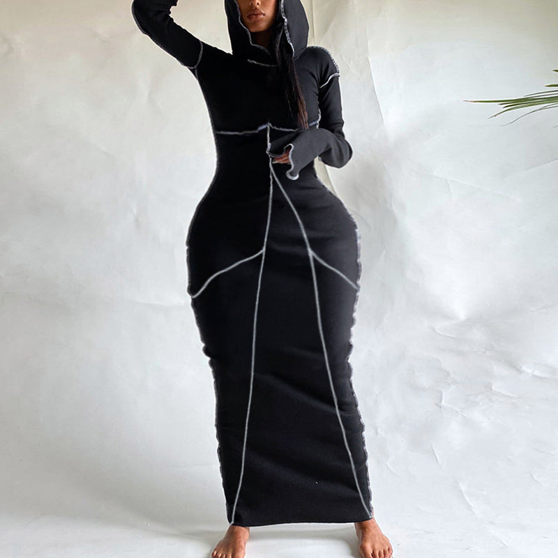 Solid Patchwork Long Sleeve Hooded Bodycon Slim Maxi Dress