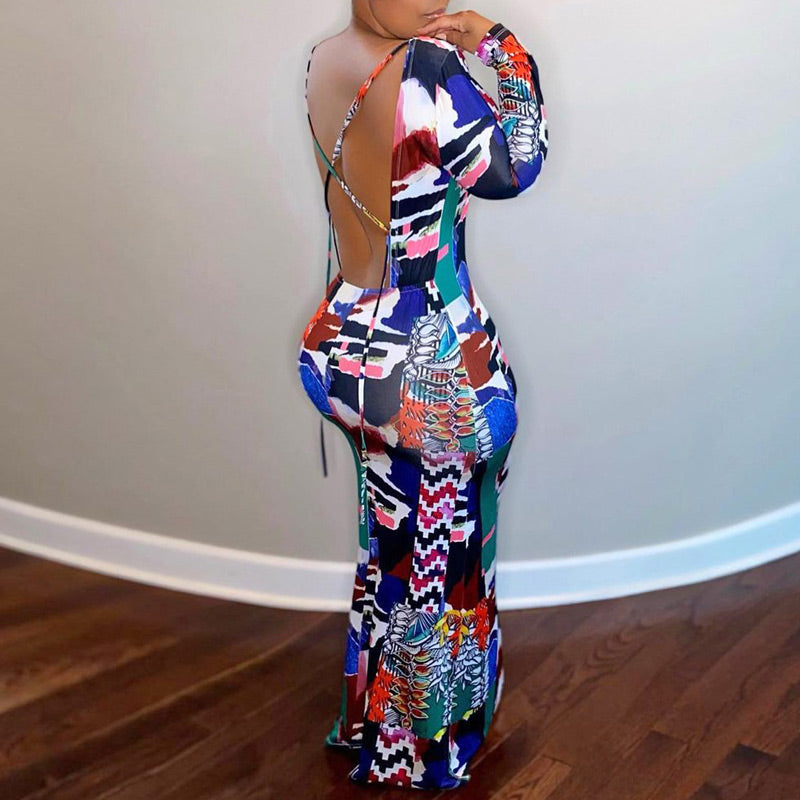 Colorful Print Long Sleeve Backless Maxi Dress