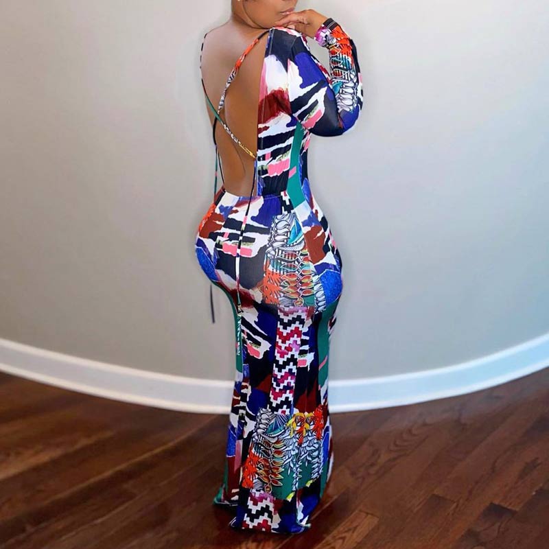 Print Long Sleeve Backless Babdage Maxi Dress