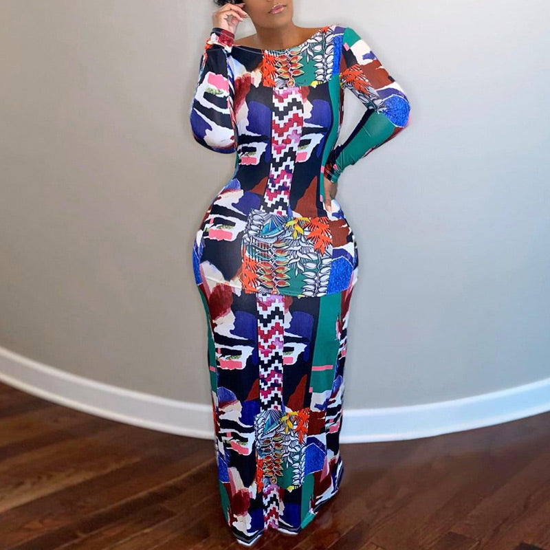 Colorful Print Long Sleeve Backless Maxi Dress