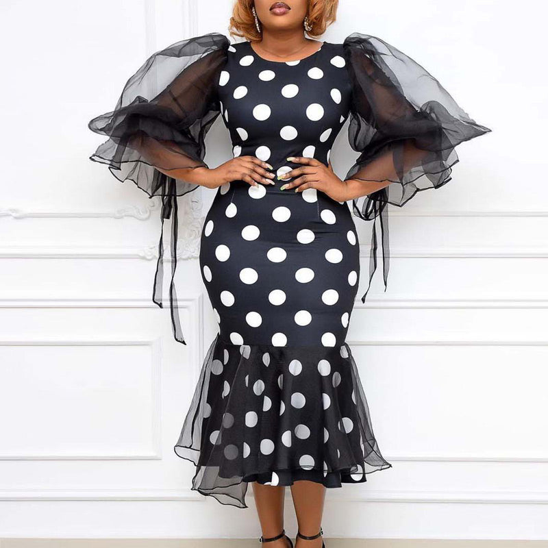 Polka Dot Sheer Mesh Ruffled Hem Long Sleeve Dress