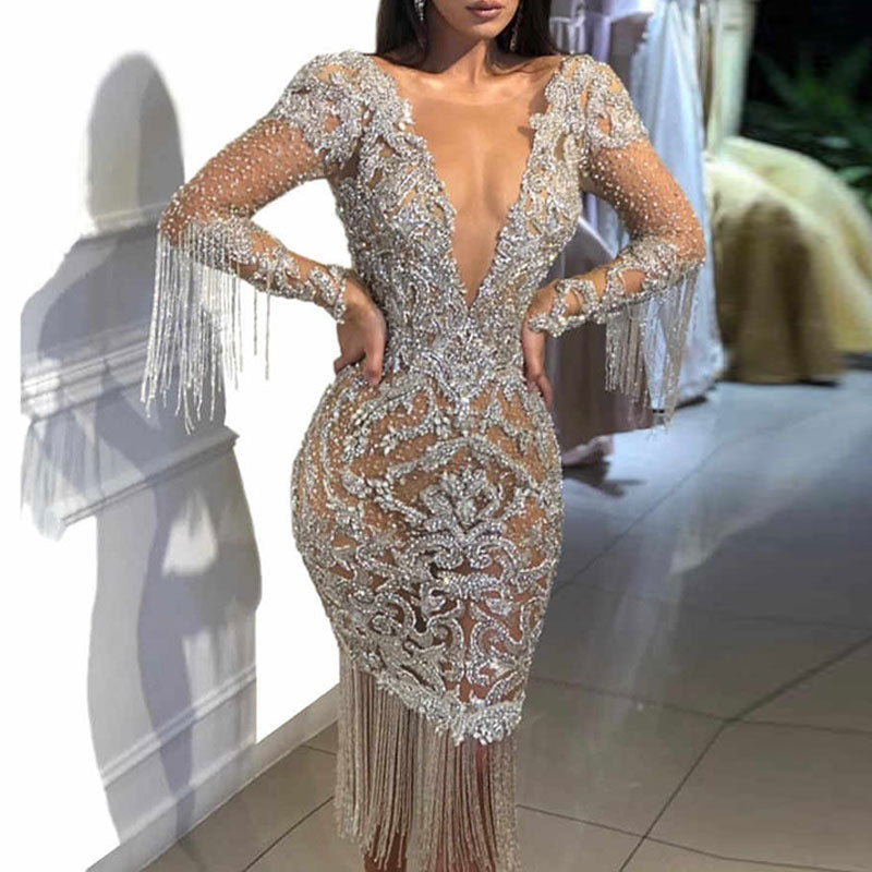 Sequins Deep V-Neck Long Sleeve Tassel Design Bodycon Dress