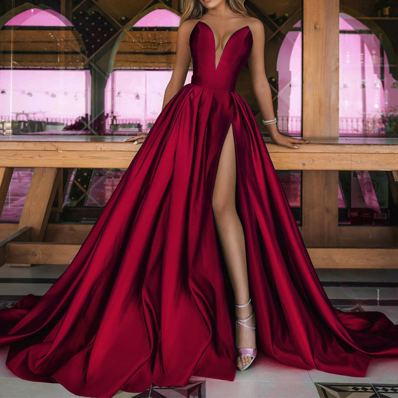 Solid Off Shoulder Deep V-Neck High Slit Maxi Dress