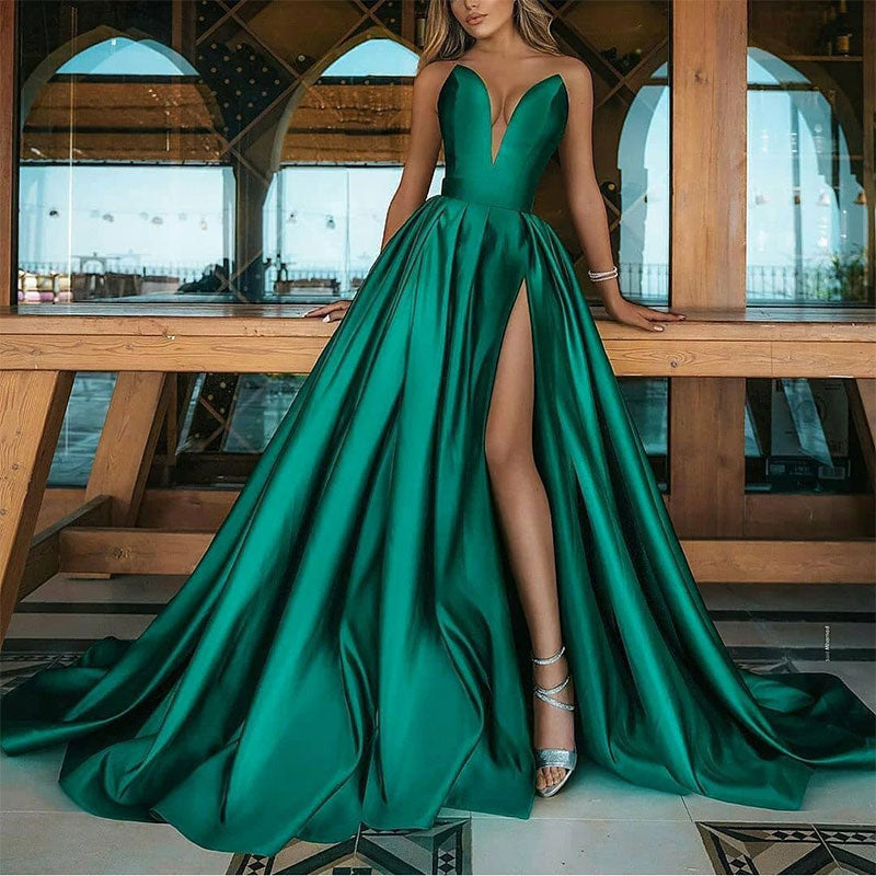 Solid Off Shoulder Deep V-Neck High Slit Maxi Dress