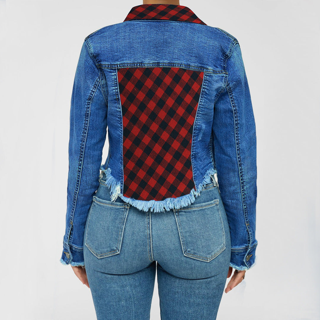 Denim Plaid Patchwork Button Design Long Sleeve Coat