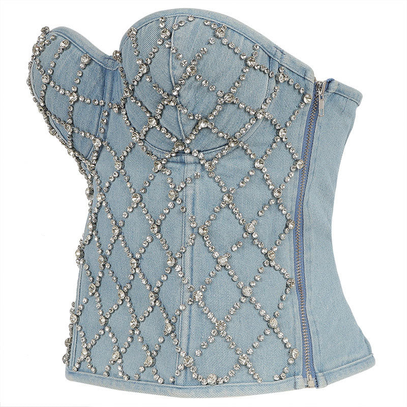 Rhinestone Off Shoulder Denim Corset Top