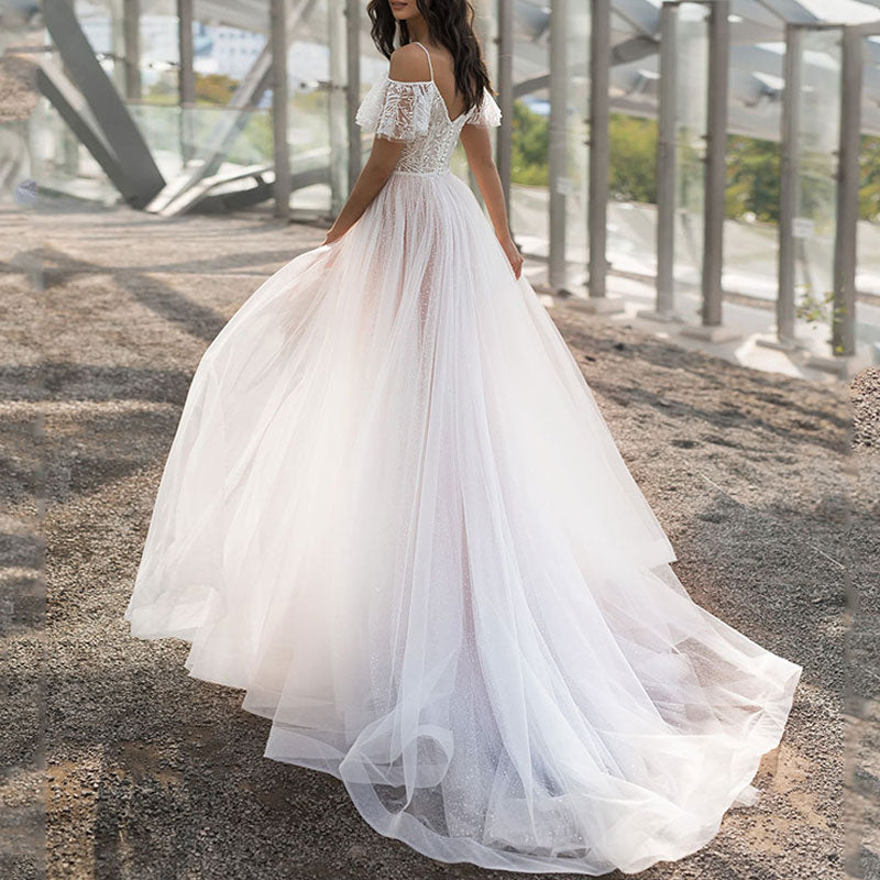 Solid Sleeveless V-Neck Ruffle Design Tulle Train Dress