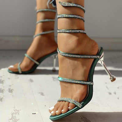 Glitter Studded Multi-strap Thin Heeled Sandals - Cherrybetty