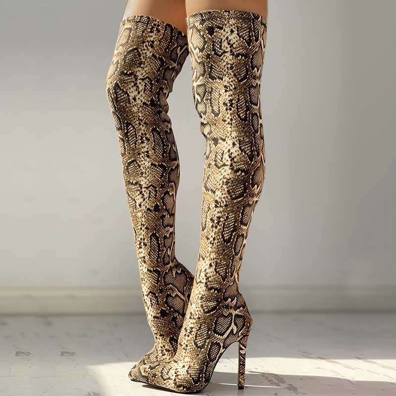 Snakeskin Print Thin Heeled Thigh High Boots - Cherrybetty