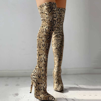 Snakeskin Print Thin Heeled Thigh High Boots - Cherrybetty