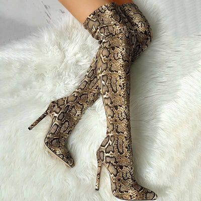 Snakeskin Print Thin Heeled Thigh High Boots - Cherrybetty