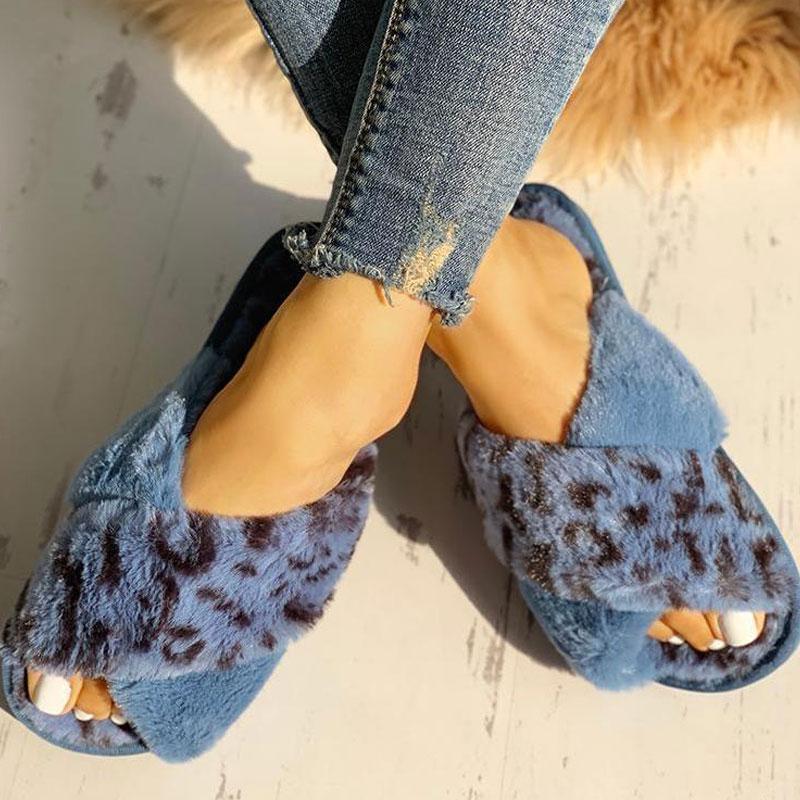 Fluffy Leopard Crisscross Peep Toe Slippers - Cherrybetty