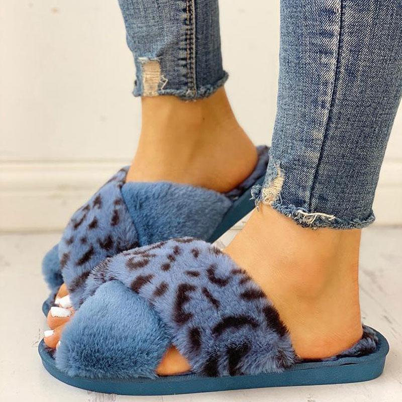 Fluffy Leopard Crisscross Peep Toe Slippers - Cherrybetty