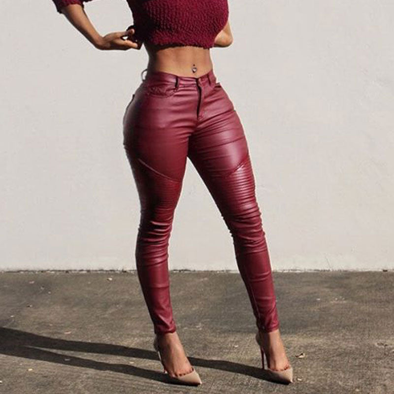 Solid PU Leather Skinny Pants