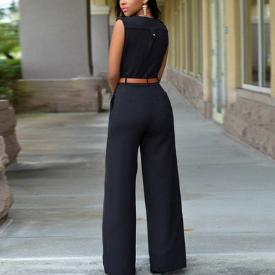 Solid Deep V-Neck Sleeveless Jumpsuit