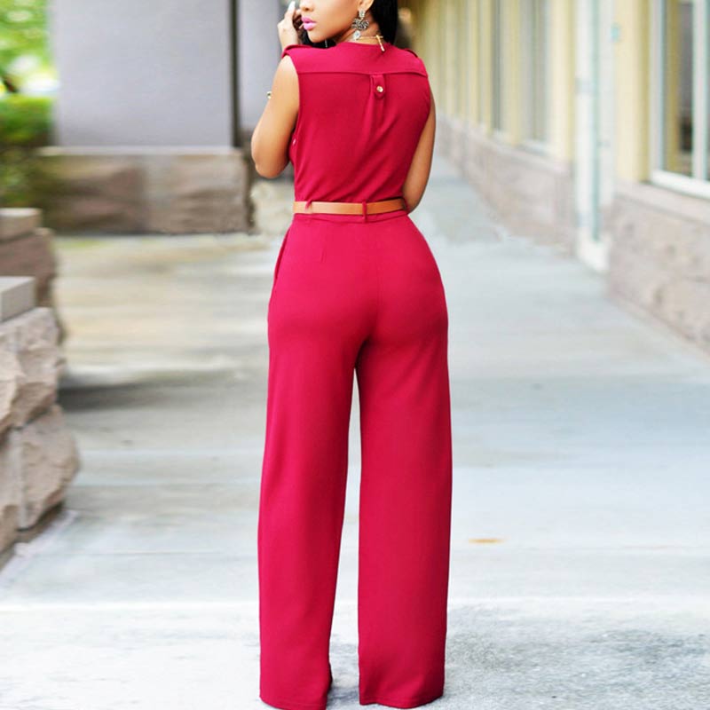 Solid Deep V-Neck Sleeveless Jumpsuit