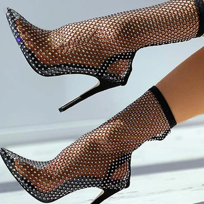 Fishing Net Mesh Studded Stiletto Heel Boots