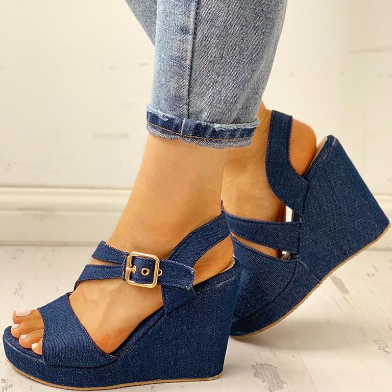 Denim Buckled Platform Wedge Sandals - Shop Shiningbabe - Womens Fashion Online Shopping Offering Huge Discounts on Shoes - Heels, Sandals, Boots, Slippers; Clothing - Tops, Dresses, Jumpsuits, and More.