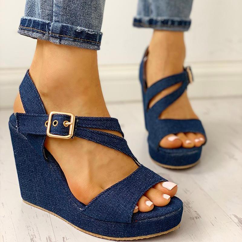 Denim Buckled Platform Wedge Sandals - Shop Shiningbabe - Womens Fashion Online Shopping Offering Huge Discounts on Shoes - Heels, Sandals, Boots, Slippers; Clothing - Tops, Dresses, Jumpsuits, and More.