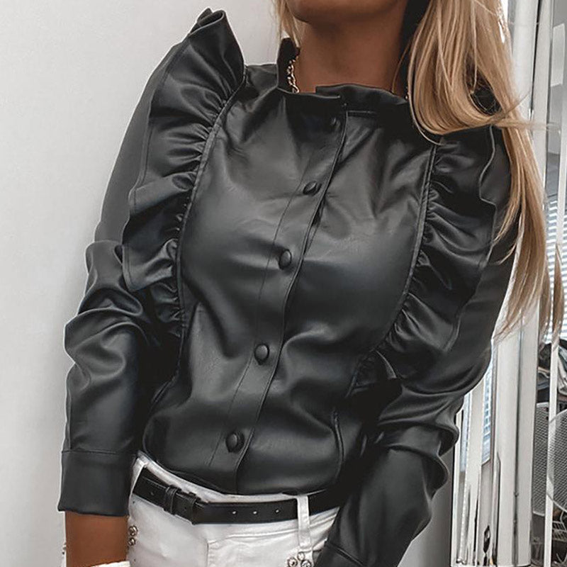 Ruffles Trim Button Design Long Sleeve Shirt