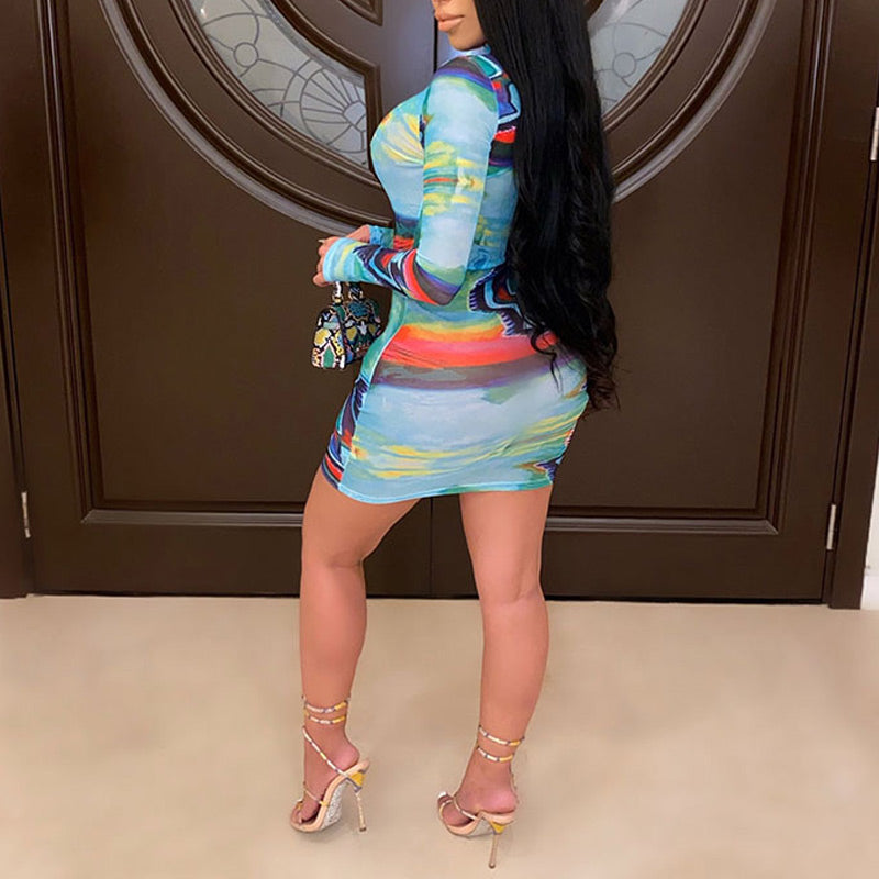 Sexy Colorful Print Long-Sleeve Bodycon Dress