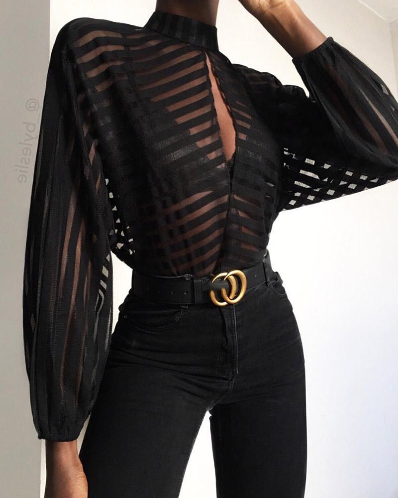 Stripes Keyhole Front Mesh Blouse - Shop Shiningbabe - Womens Fashion Online Shopping Offering Huge Discounts on Shoes - Heels, Sandals, Boots, Slippers; Clothing - Tops, Dresses, Jumpsuits, and More.