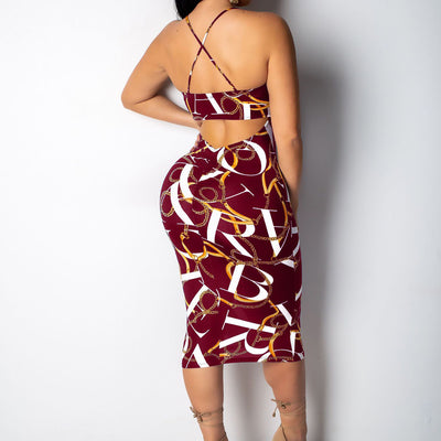 Cold Shoulder Chain Printed Sling Bodycon Dress