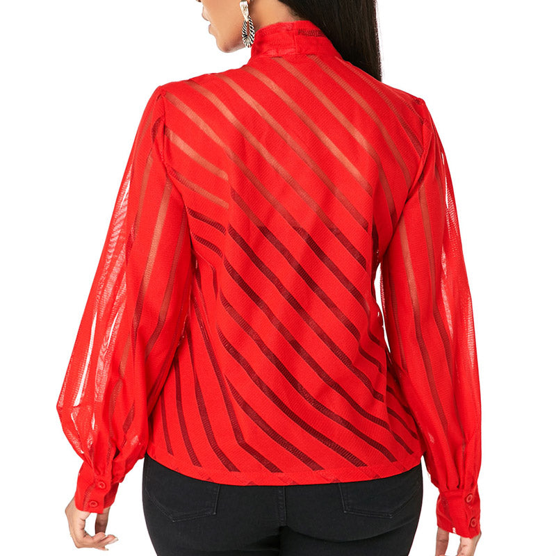 Lantern Sleeve Sheer Mesh Tied Blouse