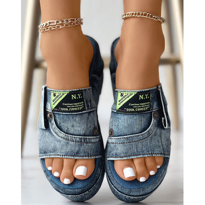 Letter Label Platform Denim Slippers