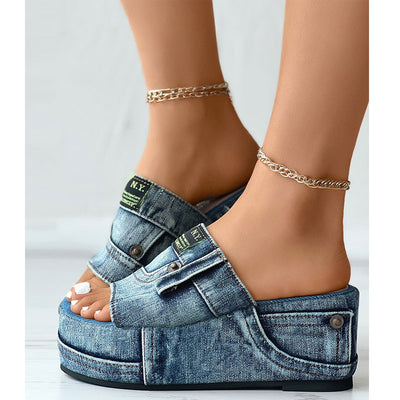 Letter Label Platform Denim Slippers