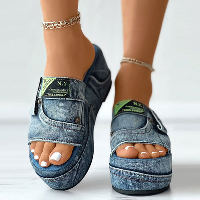 Letter Label Platform Denim Slippers