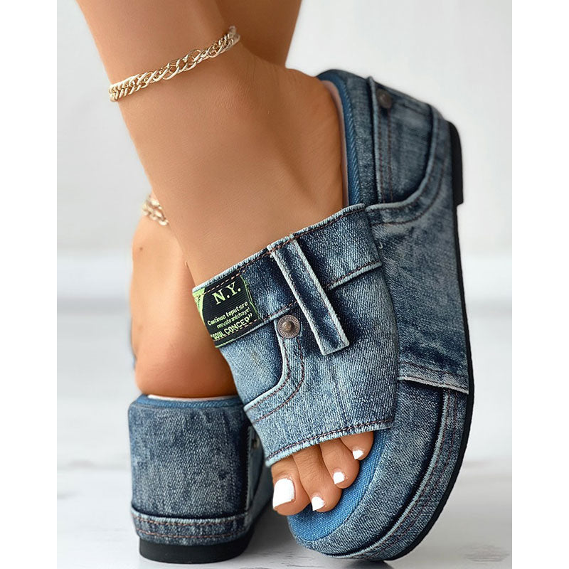 Letter Label Platform Denim Slippers