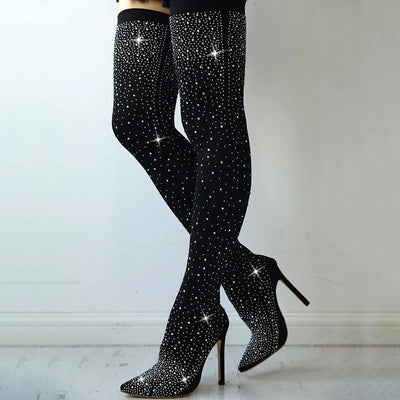 Shiny Sequins Knee-High Thin Heel Boots - Cherrybetty